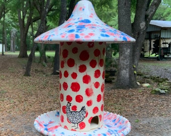 Bird feeder, hanging bird feeder, white, red, chicken, hen, plant, garden decor, ceramic, handmade, back yard birding, patio decor