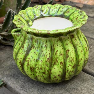 May include: A round, green ceramic planter with a speckled pattern of brown and green. The planter has a ruffled rim and a white interior. The exterior has a textured, ribbed design. A small spout is visible on the side. The planter is sitting on a wooden surface.