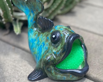 Fish scrubbie holder, sos pad holder, kitchen storage, coastal decor, scrubby holder, fishing, ceramic, handmade