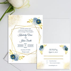 Editable Navy gold wedding template, Wedding RSVP, Royal Blue wedding, Watercolor floral invitation, Blue wedding set, wedding invite suite