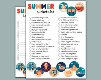 May include: Two-page summer bucket list with colorful illustrations. The title "SUMMER" is in large, multi-colored letters. The list includes activities like "Nature scavenger hunt," "Visit a splash pad," and "Go on a beach trip."