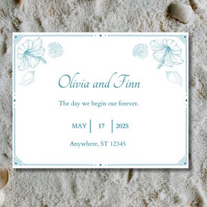 Strandhochzeit Save the Date: Hibiskus, Muscheln, (Canva Vorlage, digitaler Download)