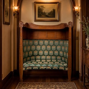May include: A high-backed wooden bench seat featuring a green and gold patterned fabric upholstery. The bench is framed by tall, carved wooden pillars with floral motifs at the top, set within an arched alcove with warm wall lighting.