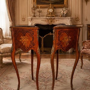 May include: A pair of wooden corner tables featuring curved cabriole legs, ornate gold-toned metal mounts, and inlaid floral marquetry designs on the front panels. Each table has a dark triangular top and a slender, tall silhouette.