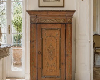 Vintage Neoclassical Habersham Furniture Cabinet Cottage French Hand painted Lord Melbourne Linen Cabinet Armoire Wood French Armoire