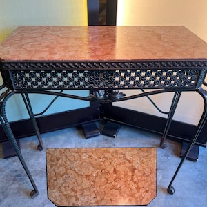 Antique 1920&#39;s Fer Forge French Wrought Iron Art Deco Console Table Marble Top Wrought Iron Table Stand Wrought Iron French Table Console