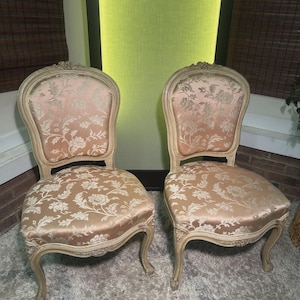 Antique 19th Pair French Louis XI Slipper Chairs Louis XVI Chairs Silk Damask French Damask Chair Silk French Chairs Louis VI Slipper Chairs