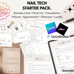 May include: A Nail Tech Starter Pack digital template set featuring a consultation form, loyalty card, price list, and salon policies. The collection includes business cards, aftercare instructions, and appointment cards with a beige and black color scheme.