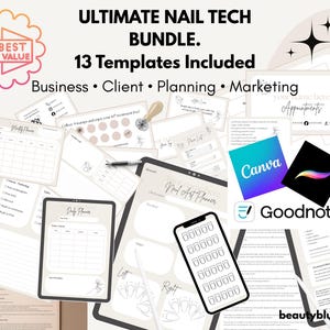 May include: A digital bundle titled Ultimate Nail Tech Bundle with 13 templates for business, client, planning, and marketing. Includes planners, appointment cards, and nail art charts compatible with Canva, Procreate, and Goodnotes software.