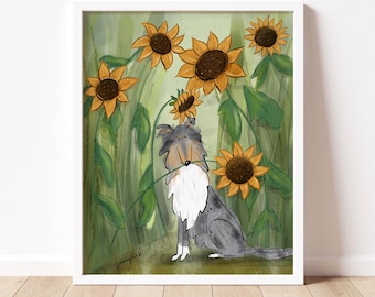 Sweet Sunflower Blue Merle - Dog Art Poster Print for Dog & Rough Collie Lovers