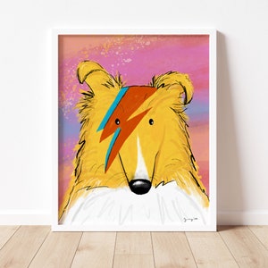 May include: A digital illustration of a yellow dog with a blue and orange lightning bolt design on its forehead. The dog is looking directly at the viewer. The background is a pink and purple gradient with white speckles.