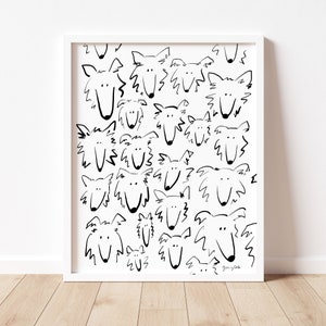 May include: A black and white line drawing of a group of dogs with different expressions. The dogs are all facing forward and have a variety of facial features. The drawing is on a white background.