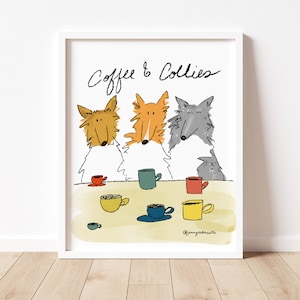Coffee & Collies - Dog Art Poster Print for Rough Collie Lovers