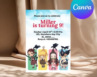 Demon Slayer Birthday Party Invitation Girly Pink Digital Download Editable Canva Template Anime Party