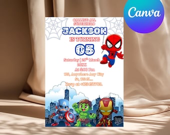 Superhero Party Invitation Kids Avengers Birthday Invite Editable Canva Template