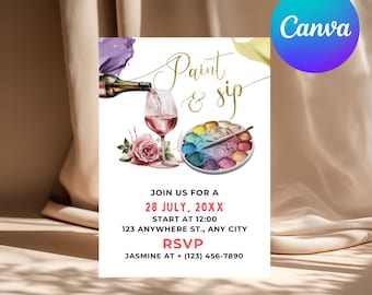 Sip and Paint Editable Invitation, Wine Party Canva Template, Girls Night Art Invite, 5x7 Printable Birthday Evite, Instant Download