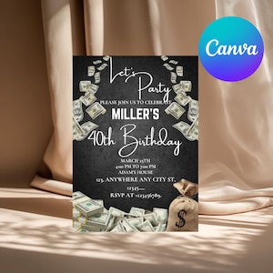 May include: A black invitation card with the text "Let's Party" and "Miller's 40th Birthday". The design includes illustrations of money and a money bag. The Canva logo is in the upper right corner.