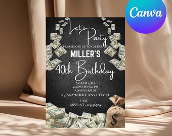 Money Themed Birthday Party Invitation, Dollars Birthday Invite, Cash Invitation, Bucks Invitation, Currency Invite, Millionaire Invitation