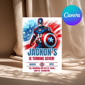 May include: A birthday party invitation featuring Captain America with a shield, set against a backdrop of the American flag and a cityscape. The invitation reads "Jackon's is turning seven!" with date and RSVP information.