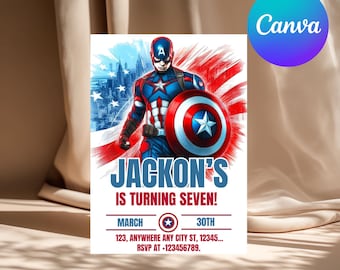 Captain America Birthday Invitation, Avengers Party, Canva Template (Digital Download)
