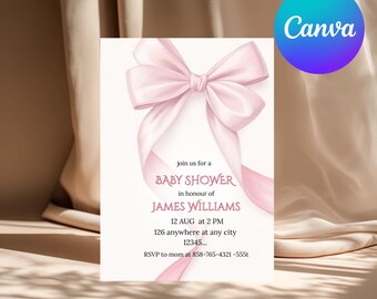 Pink Bow Birthday Invitation, Elegant Ribbon Party Template (Digital)