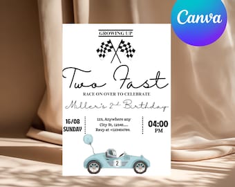Editable TWO Fast Birthday Invitation Race Car 2nd Birthday Invite Racing Car Vintage Racecar Printable Template Instant Download
