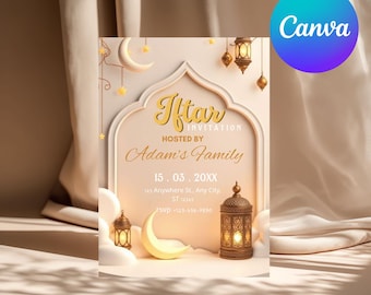 Ramadan Iftar Party Invitation Template, Editable Canva Invite, Islamic Dinner Digital Download, Gold & Floral Muslim Event Flyer, Printable