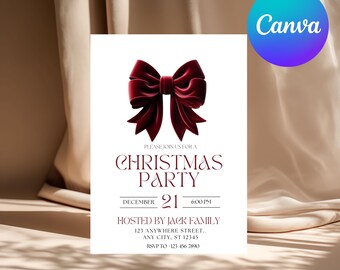 Red Velvet Bow Christmas Party Invitation, Coquette Holiday (Printable)