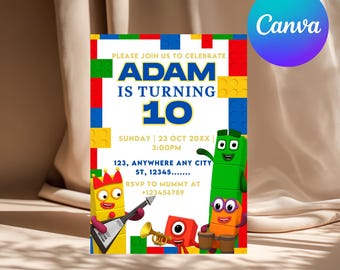 Number Blocks Birthday Invitation: Editable Kid's Party Invite (Digital Template 5x7in Canva Template)