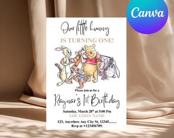 Classic Winnie-the-Pooh Birthday Invitation, Winnie-the-Pooh Birthday Invite, Boho With Photo Pooh 1st Birthday Shower Ideas Gender Neutral