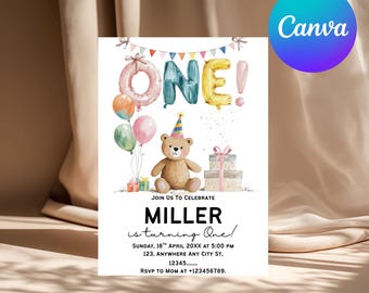 Editable Bear Birthday Invitation, Teddy Bear Party Invite, Bear Theme Birthday Party, Birthday Girl Invitation, Canva Template
