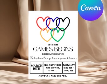 Sports Party | Olympics Themed Party | 5x7 Digital Invite Editable Canva Template