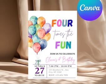 Four Times The Fun 4th Birthday Invitation, Editable Canva Template, Digital Download