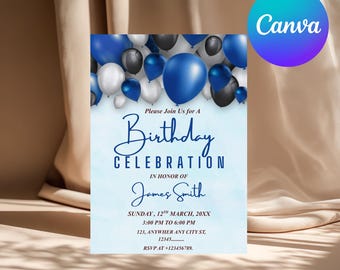Blue Balloon Birthday Party Invitation | Editable Canva Invite | Modern Kids Birthday | Printable Digital Download