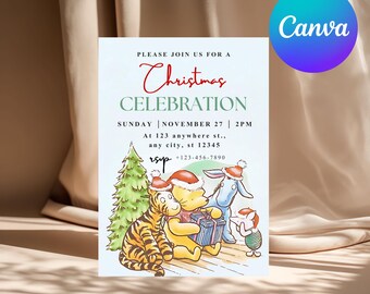 Winnie the Pooh Christmas Invitation Template (Digital Download)