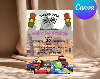 Cars Birthday Invitation, Lightning McQueen & Mater Editable Canva Template, Kids Party Invite, Digital Download