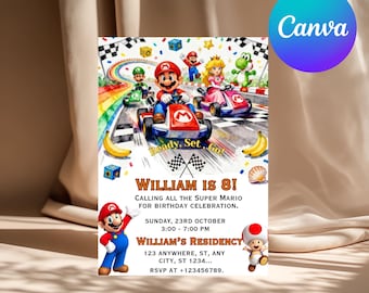 Super Mario Kart Birthday Invitation, Editable Mario Race Party Invite, Canva Template, Boys Gaming Party card, watercolor mario kart invite