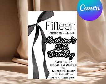 Minimalist Black Bow 15th Birthday Invitation Template (Canva)