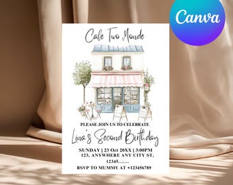 Grandmillennial Cafe Two Monde Birthday Invitation, Cafe Du Monde, Beignet, Printable, New Orleans Louisiana, Sweet One Invitation