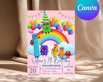 Number Blocks Birthday Invitation: Editable Kid's Party Invite (Digital Template 5x7in Canva Template)