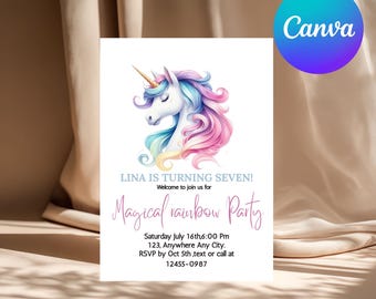 Unicorn Birthday Invitation Template, Rainbow Unicorn Invite Printable, Pastel (Editable Canva)