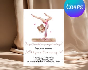 Gymnastics Birthday Invitation Template: Any Age Sweet girl tumble Party Invite (Canva Editable, Instant Download)