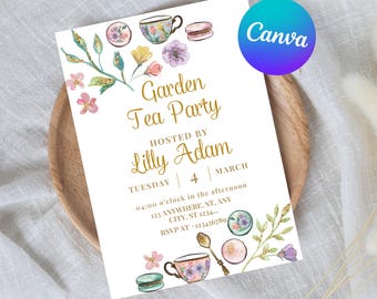 Floral Tea Party Invitation, Blush Pink Garden Birthday, Canva (Digital Download)