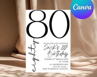 80th Birthday Invitation, Look Who's 80, 80th Birthday Invitation Template For Men, Simple Birthday Invite Male Editable,Printable
