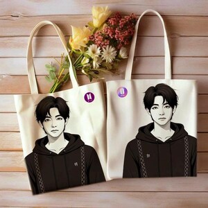 BTS V Tote Bag – Kim Tae-hyung Premium Print Double-Sided Canvas Bag, ARMY K-Pop Merch, BTS Fan Gifts in 3 Sizes