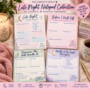 May include: A collection of four rectangular paper notepads titled Late Night Thoughts, Before I Drift Off, Tomorrow Me Will Handle It, and Middle of the Night Thoughts. Each notepad features pastel colors, prompts for daily reflection, and checklists.