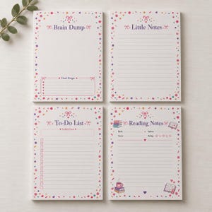 May include: Four rectangular paper notepads with white backgrounds and colorful confetti borders. The pads are titled Brain Dump, Little Notes, To-Do List, and Reading Notes, each featuring pink bow accents, lined sections, and checkboxes for organization.