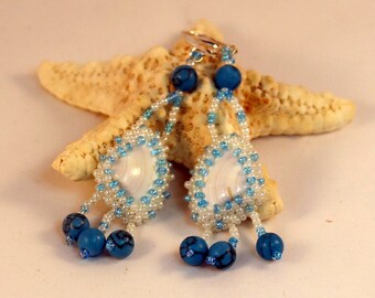 Earrings White Angelwing Shell with Turquoise and bronze seed beads, bead embroidered, bead weaving