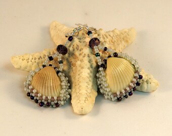 Earrings Off White Cockle Shell with Amethyst fire polished beads, bead embroidered, bead weaving