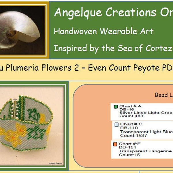 Honu Plumeria Flowers 2 DIY EVEN Count Peyote PDF pattern, sea turtle, green, yellow, silver, hawaiian, Bonus Free Basic Peyote Tutorial